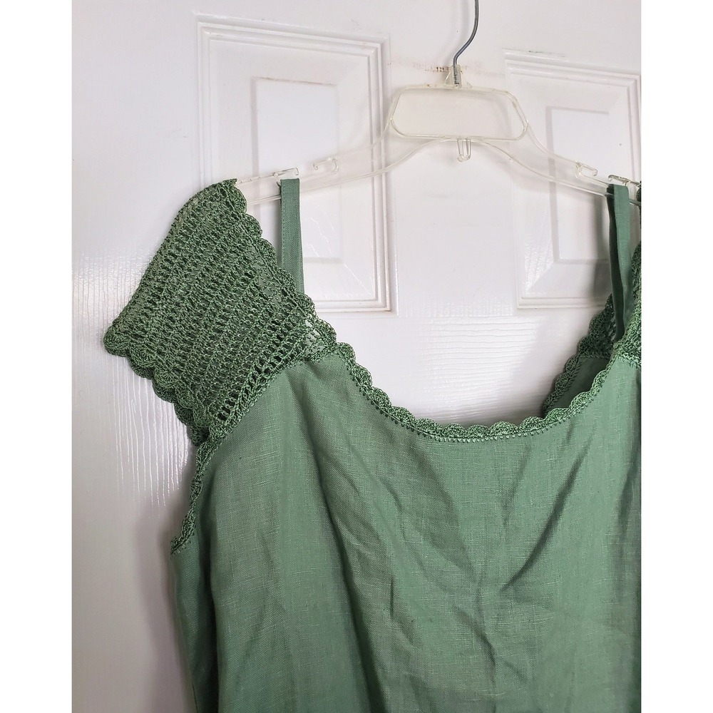 Saint Tropez Wear Top Green 100% Linen Crochet Trim Vintage 90s Boho XL